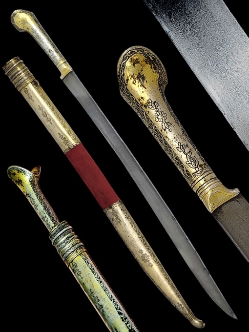 Редкий ятаган 18-го века, сделанный из стали вутц Серебряная фурнитура и рукоятка покрыты золотом…