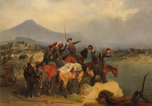 Б.П. Виллевальди. Переправа 51-го Донского казачьего полка через реку Тирсу в 1849 году. Россия,…